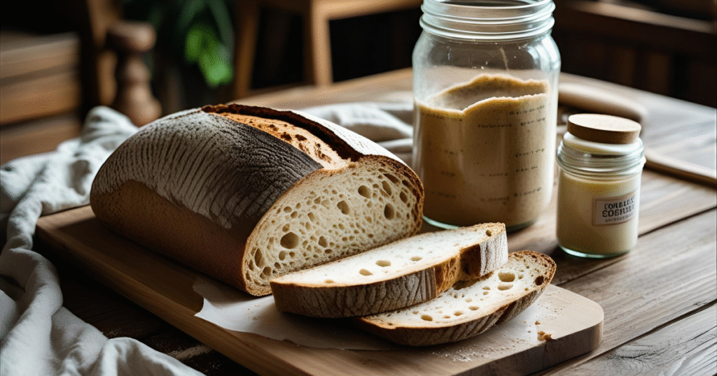 Fresh sourdough bread with a golden crust and airy crumb on a rustic wooden table.”