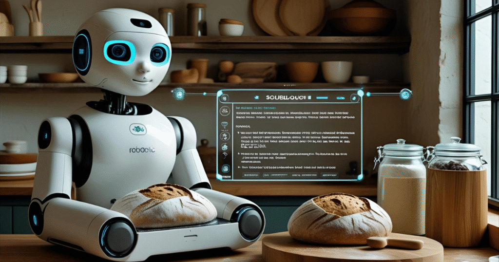 Futuristic bakery scene with artisan sourdough bread on display and a small friendly robot assistant holding a loaf.