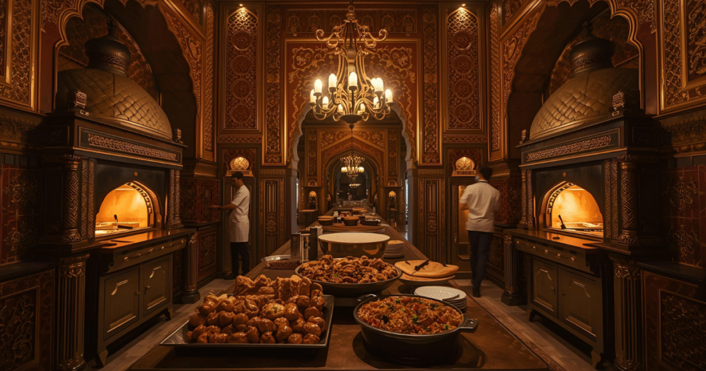 Mughal royal kitchen with chefs cooking kebabs and biryani in tandoors