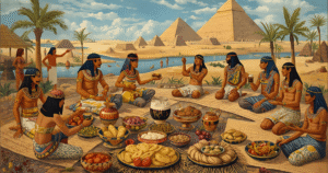 Cover image of ancient Egyptian diet showing bread, beer, fruits, vegetables, and fish by the Nile with pyramids in the background.