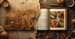 Feature image showing Mesopotamian recipes timeline, from ancient clay tablets with cuneiform writing to modern cookbooks