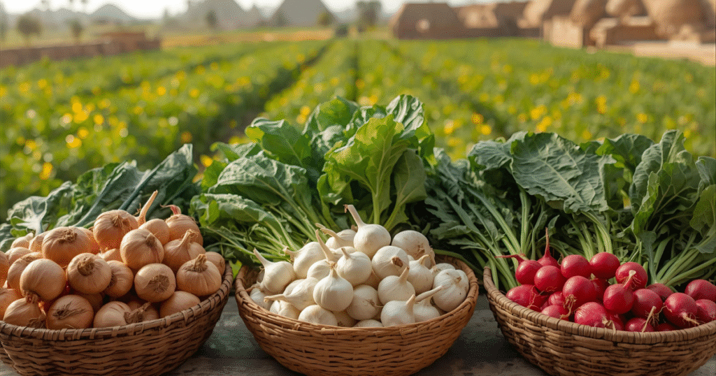 : Onions, garlic, lettuce, and radishes â vegetables commonly eaten in ancient Egypt for health and strength.