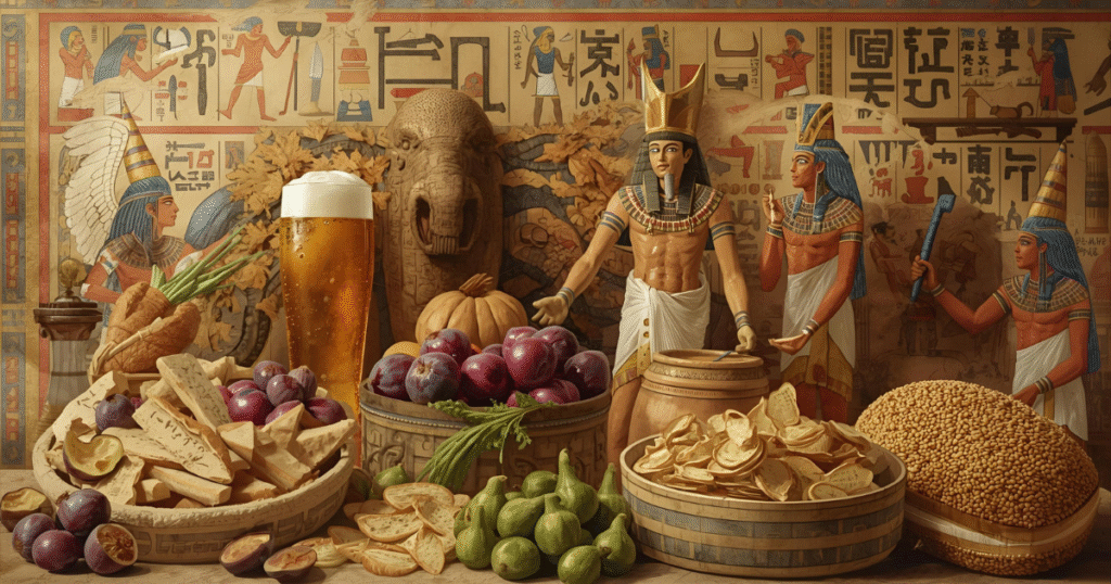 Ancient Egyptian food offerings of bread, beer, onions, and figs placed in temples and tombs to honor the gods and nourish souls in the afterlife.