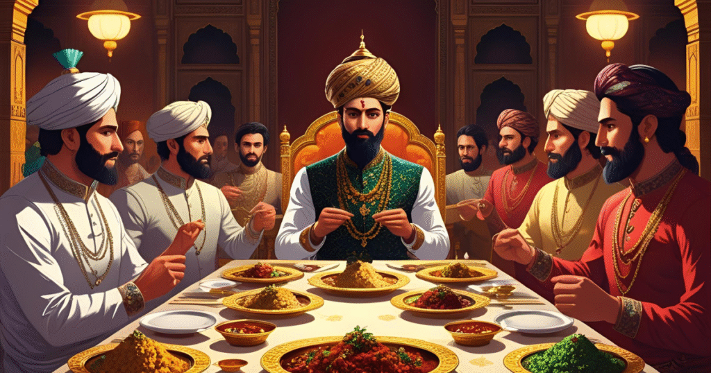 “Mughal emperor hosting a royal feast with nobles and envoys to display power and wealth.”