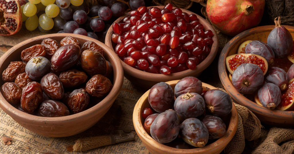 Dates, figs, grapes, and pomegranates â sweet fruits enjoyed by ancient Egyptians and offered in tombs for the afterlife.