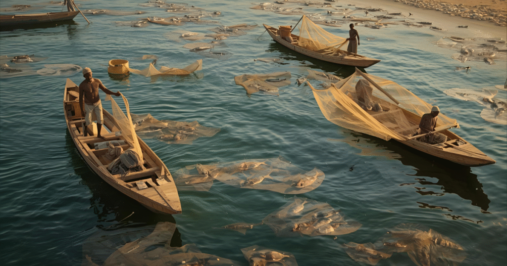 Ancient Egyptian fishermen catching fish in the Nile River, a main source of protein in their diet.