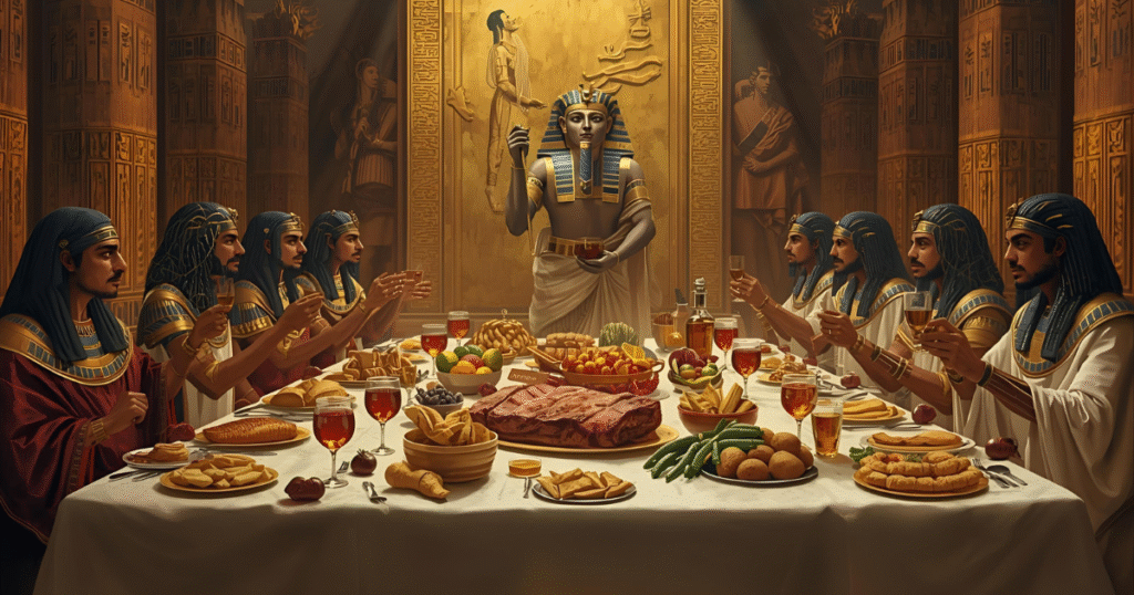 Pharaohâs feast with honey, wine, fruits, roasted meat, and bread, symbolizing wealth and power in ancient Egypt.