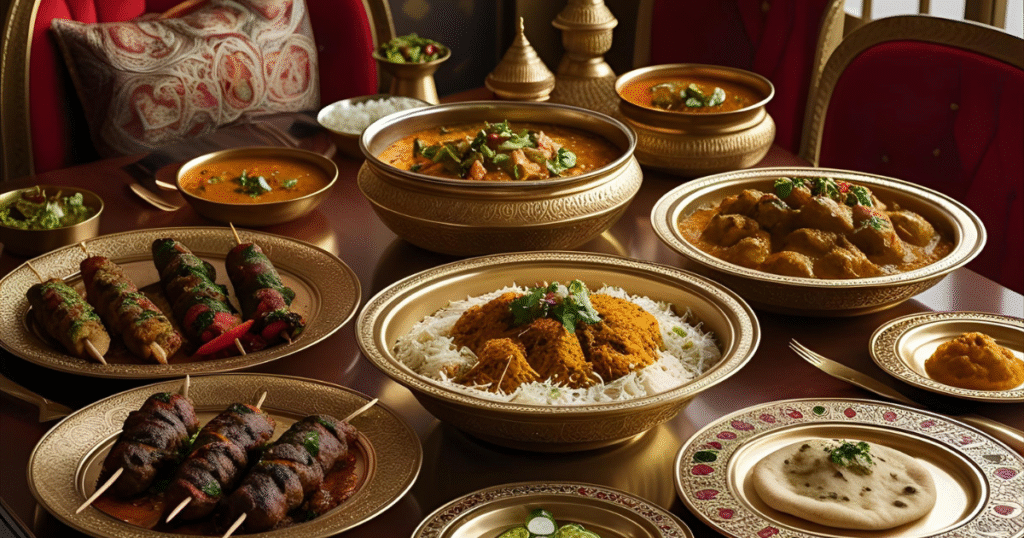 Mughal signature dishes like kebabs, biryani, kormas, and Shahi Tukda on royal silver plates.”