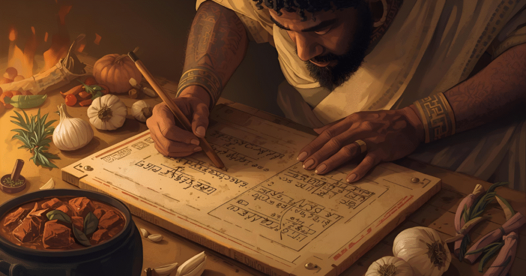 Ancient Babylonian chef preparing lamb stew with garlic and onions in a clay pot
