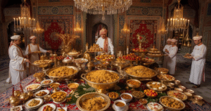 Mughal Royal Kitchens showcasing biryani, kebabs, and kormas in a lavish palace setting.