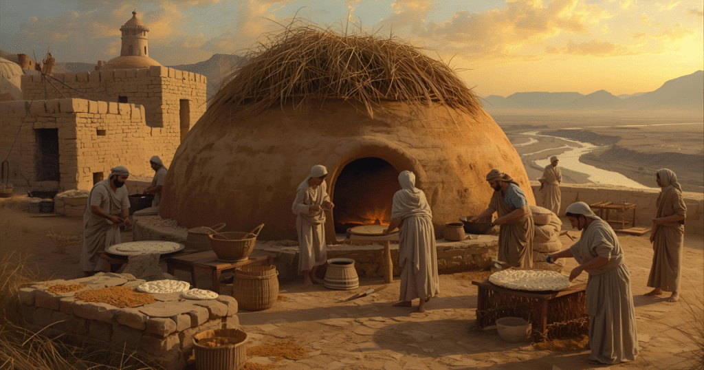 "Ancient Mesopotamian cooking scene with people baking flatbread inside a dome-shaped clay oven (tannur) made of mud and straw. Women preparing dough on stone tables, baskets of grains nearby, and the background showing mudbrick houses and the Euphrates River under a warm golden sky."