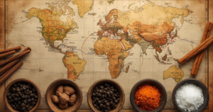 Ancient spice trade map with cinnamon, pepper, saffron, and nutmeg around it.